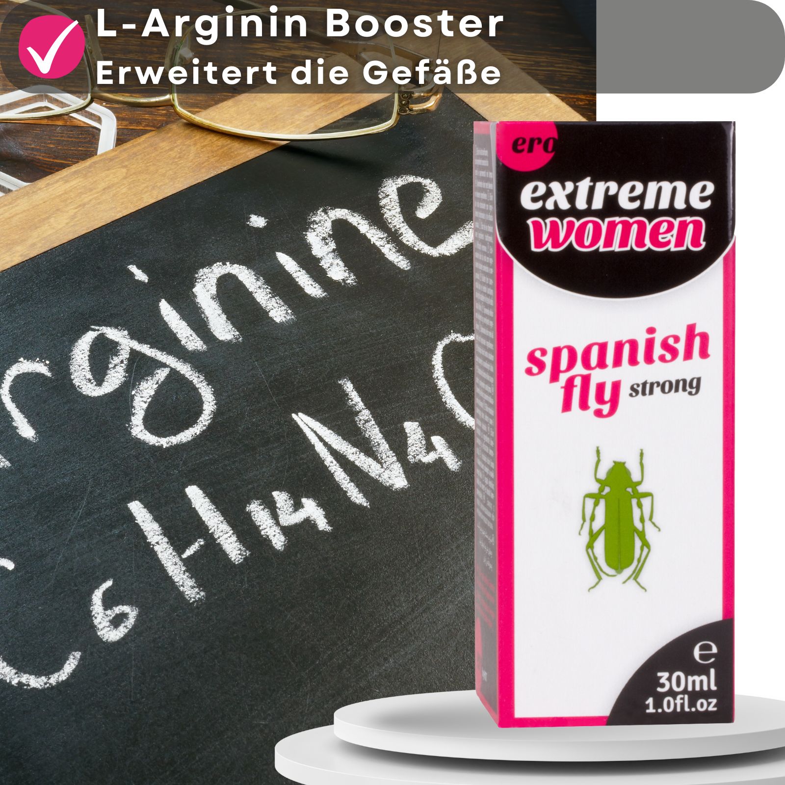 Produkt und Verpackung. Aufschrift: Spanish Fly strong. Logo: Ero Extreme Women. Tafel mit chemischer Formel.