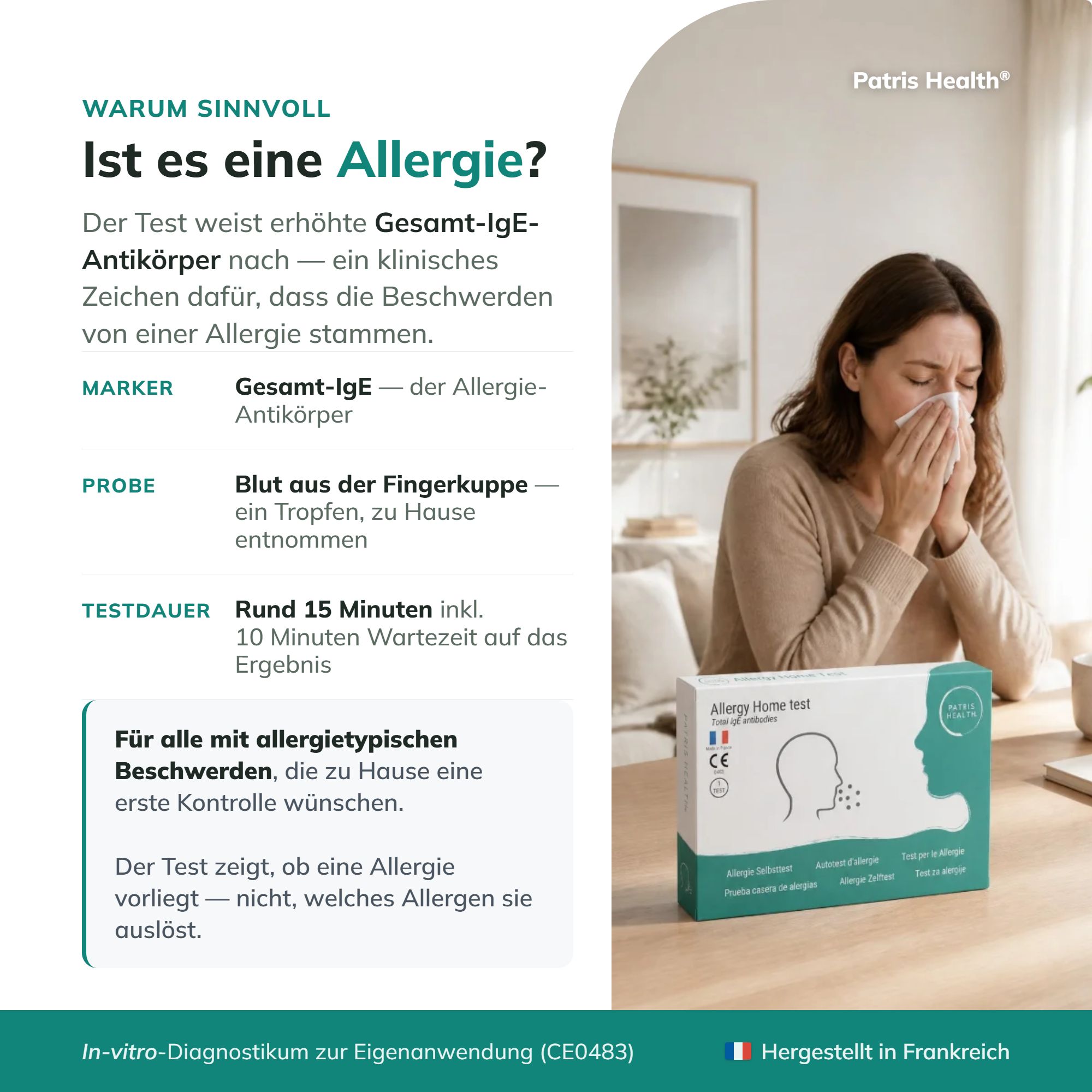 Erklärung, warum der Allergie-Schnelltest sinnvoll ist: Marker, Probe, Testdauer.