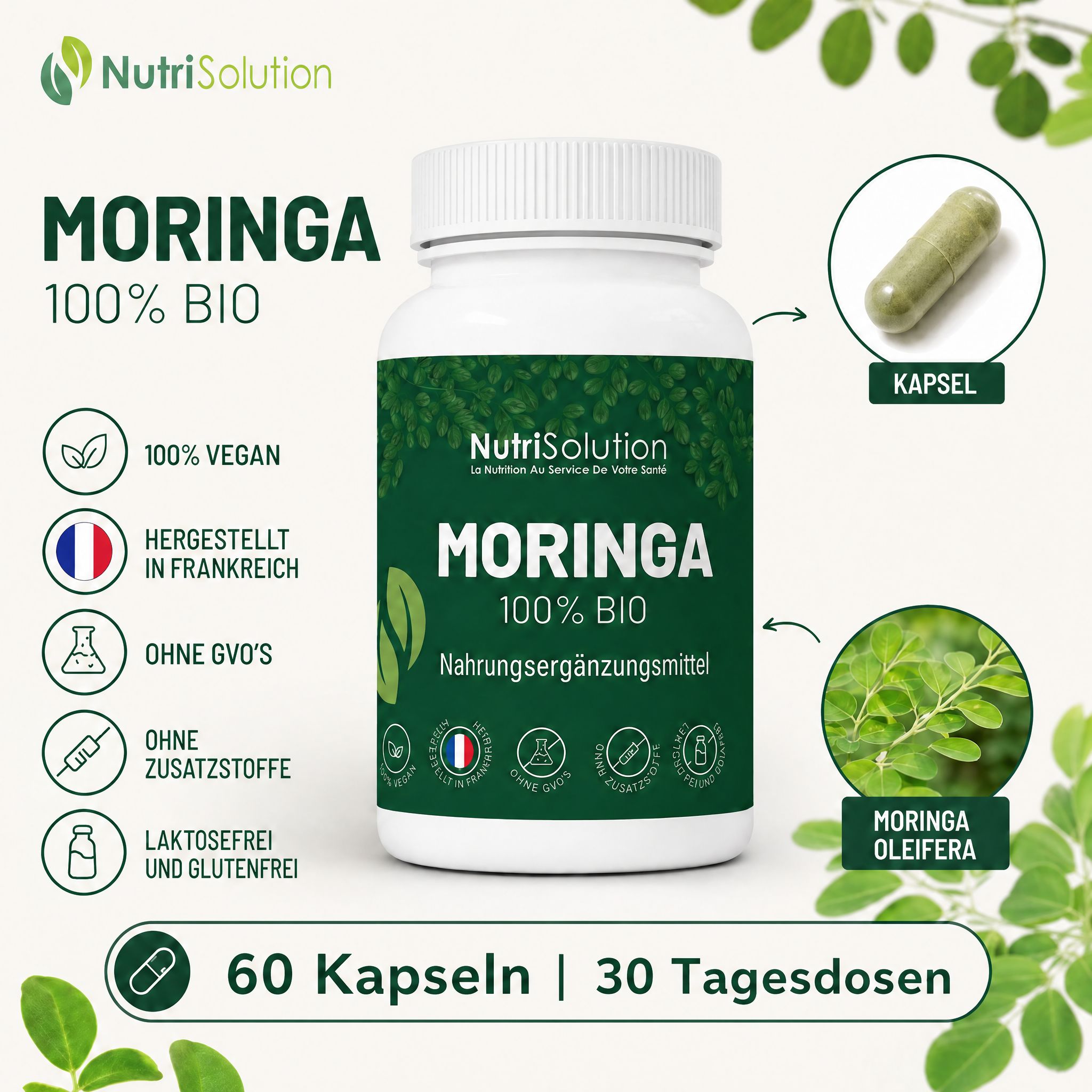 NutriSolution Moringa 100% Bio: Flasche mit 60 Kapseln. 100% Vegan, Hergestellt in Frankreich, Ohne GVOs, Zusatzstoffe, Laktose, Gluten.
