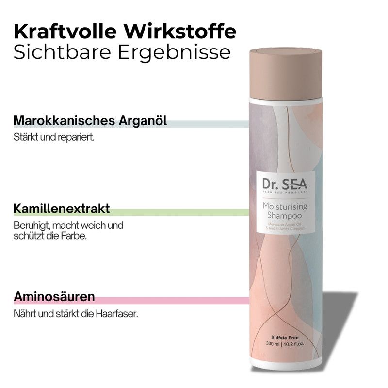 Shampoo-Flasche mit Text: Marokkanisches Arganöl, Kamillenextrakt, Aminosäuren. Beige Kappe, pastellfarbenes Design. Produktname sichtbar.
