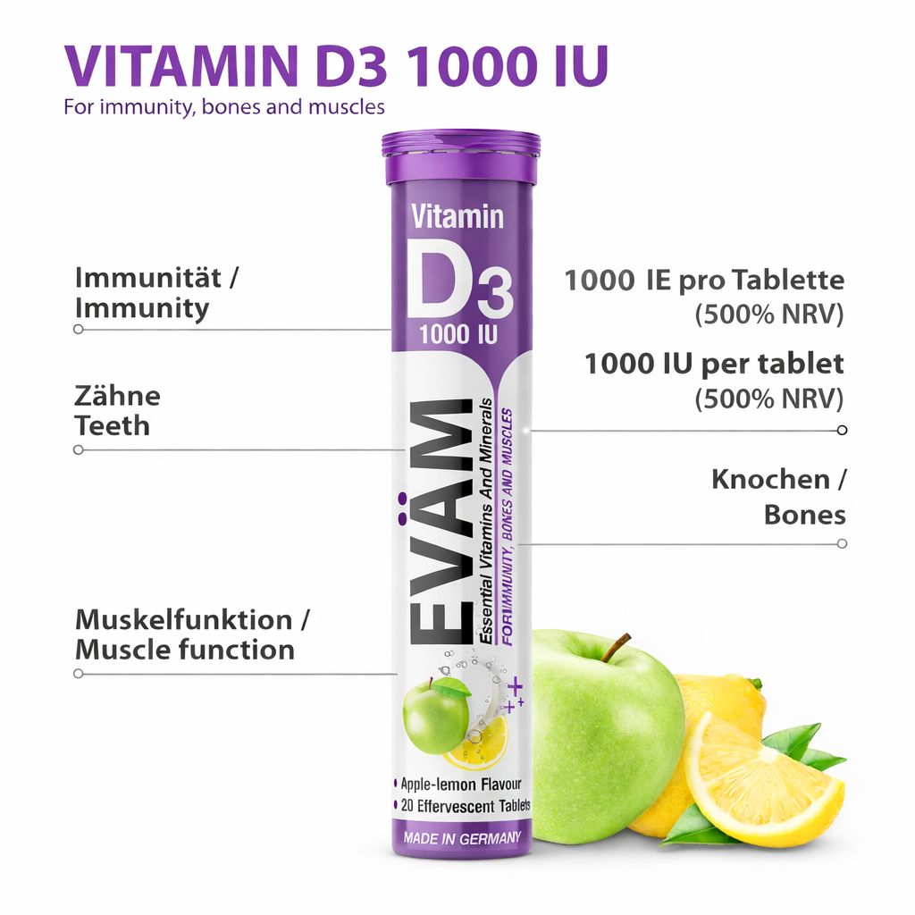 Tube EVÄM Vitamin D3 Brausetabletten. Text: Vitamin D3 1000 IU. Illustrationen: Zähne, Knochen, Muskelfunktion, Immunität. Äpfel und Zitrone.