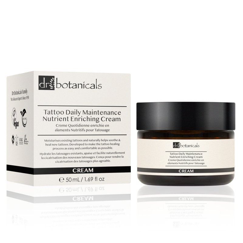 Dr. Botanicals Tattoo Cream Tiegel und Kartonverpackung.