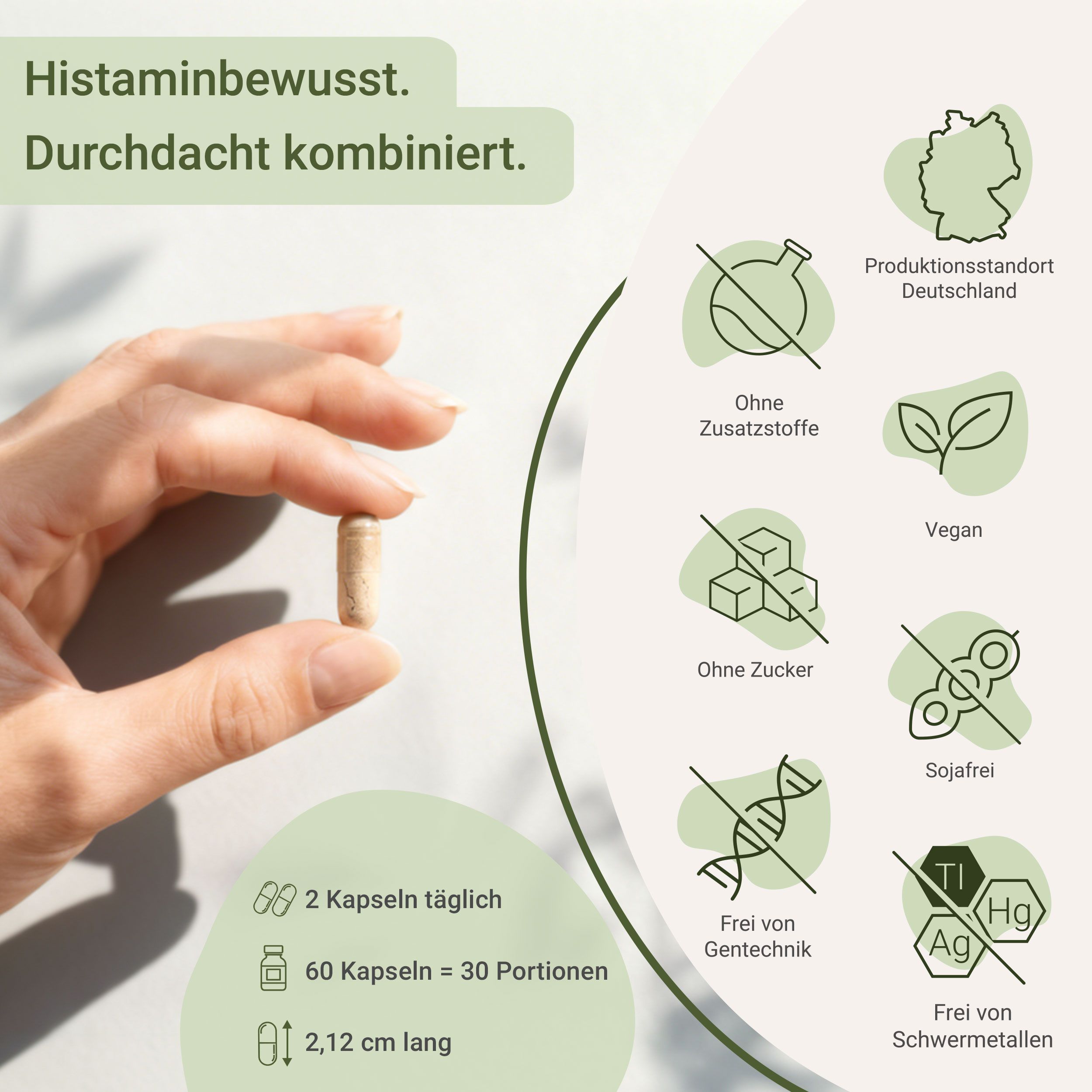 Hand hält Kapsel. Text: 2 Kapseln täglich, 60 Kapseln = 30 Portionen, 2,12 cm lang. Diagramme mit Symbolen.