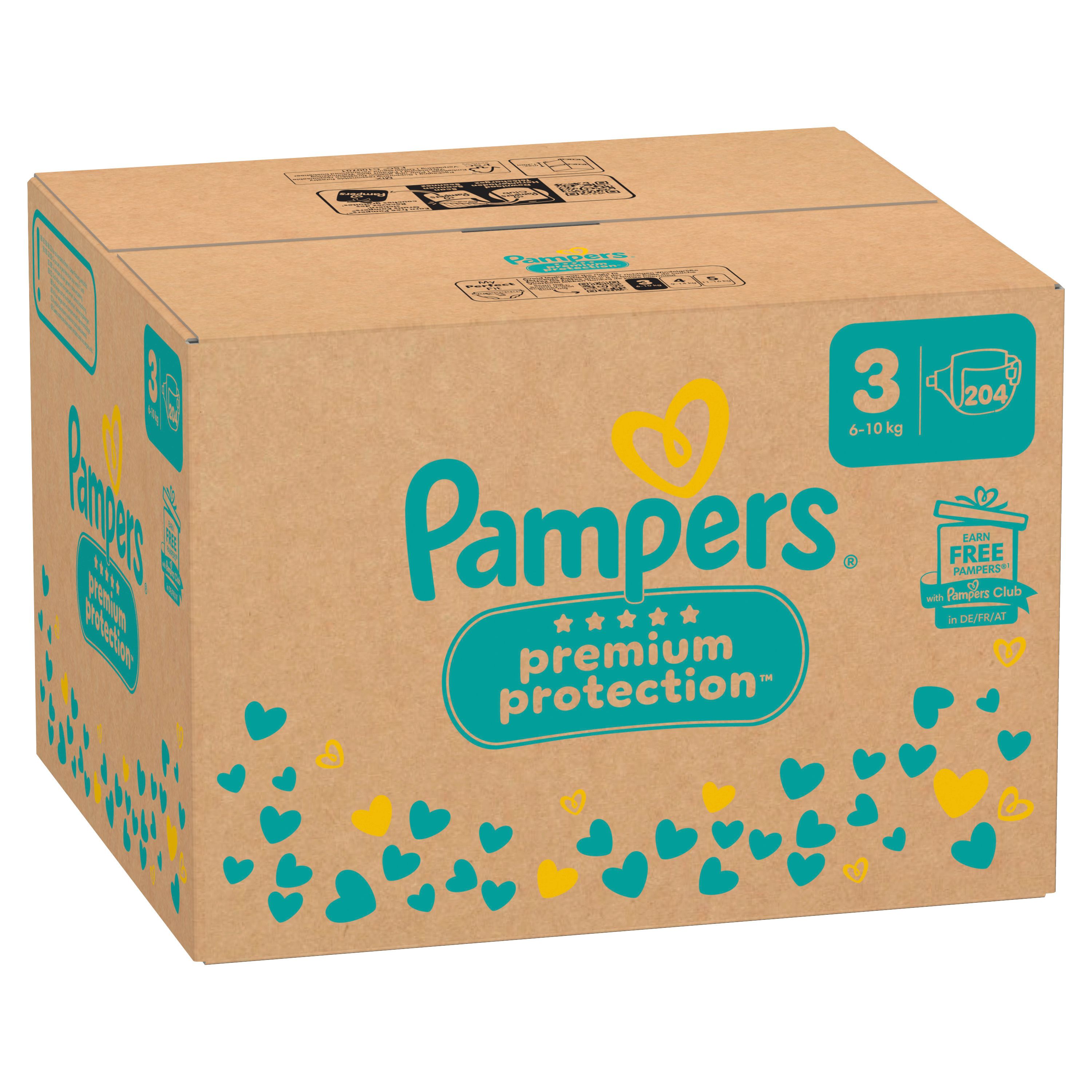Karton Pampers Premium Protection Windeln, Größe 3, 204 Stück. Aufdruck: Geschenk, Gratis-Mitgliedschaft. Gelbe und blaue Herzen.