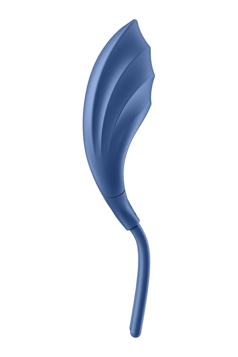 Blauer Ring Vibrator. Gebogene Form mit geriffelter Oberfläche. Ein Stiel.
