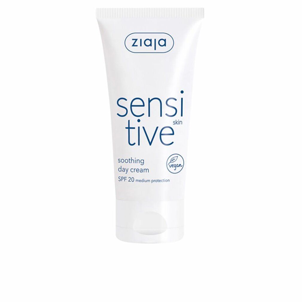 Weiße Tube mit blauem Schriftzug "sensitive" und "Ziaja" Logo. Enthält "soothing day cream" und "SPF 20". Vegan-Siegel.