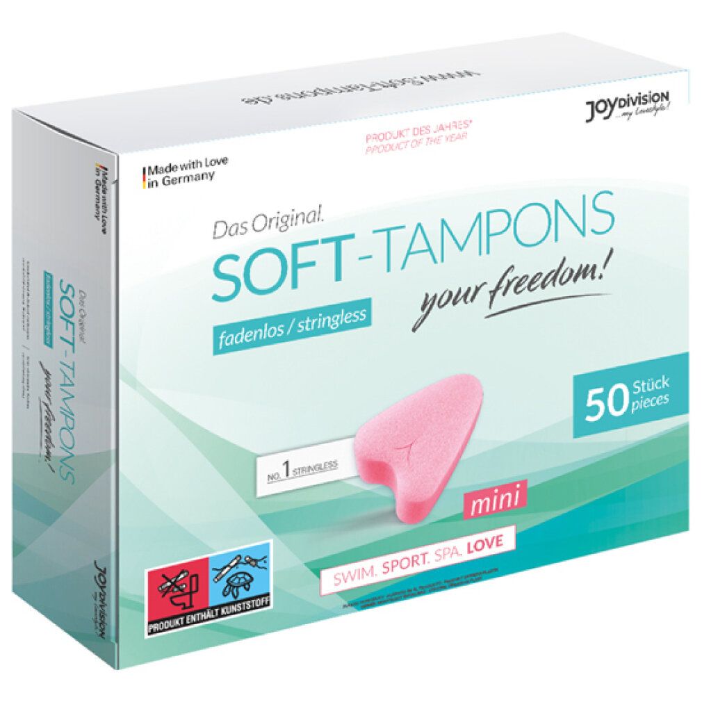 Verpackung mit Soft-Tampons mini. Aufschrift: Das Original, fadenlos/stringless, 50 Stück. Rosa Tampon abgebildet.