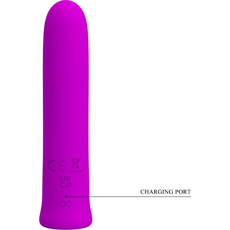 Lila Vibrator mit gerader Form. Ladeanschluss mit Beschriftung 'DC' sichtbar.