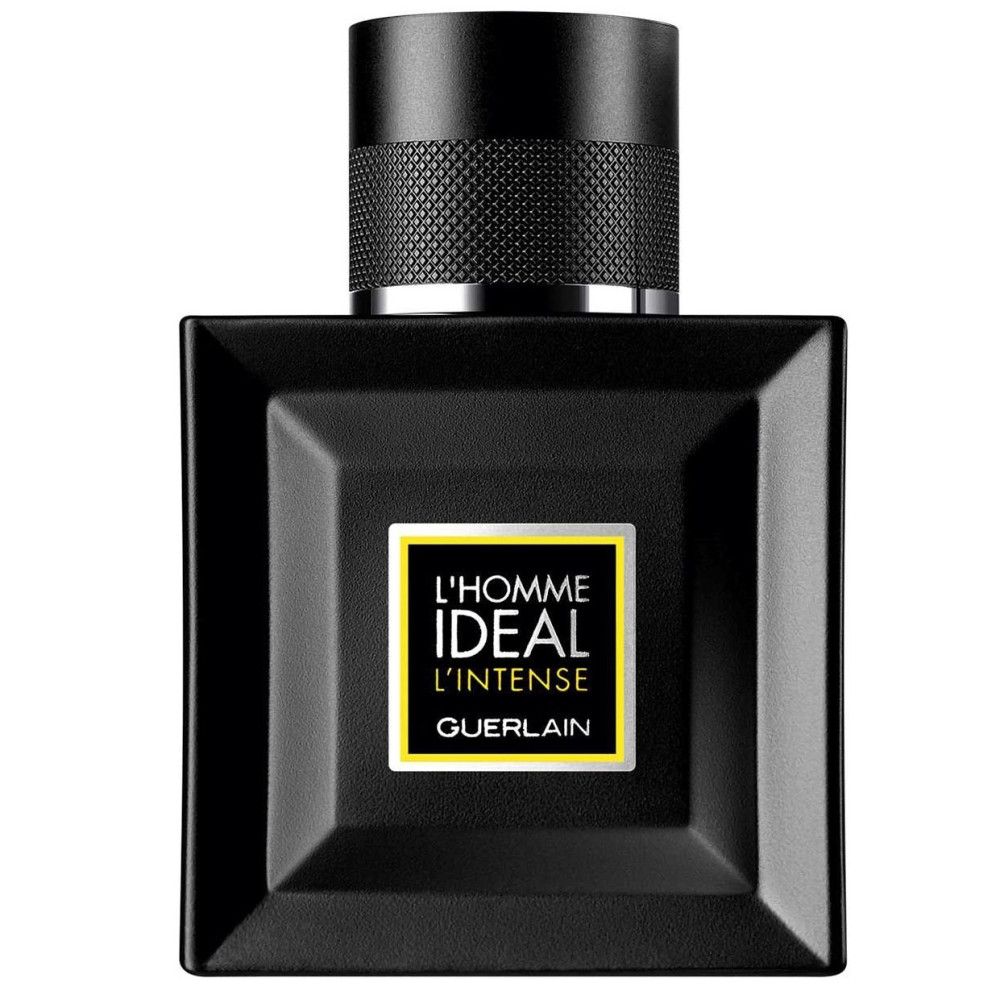 Schwarzer Flakon mit schwarzem Deckel, "L'HOMME IDEAL L'INTENSE GUERLAIN" Aufschrift.