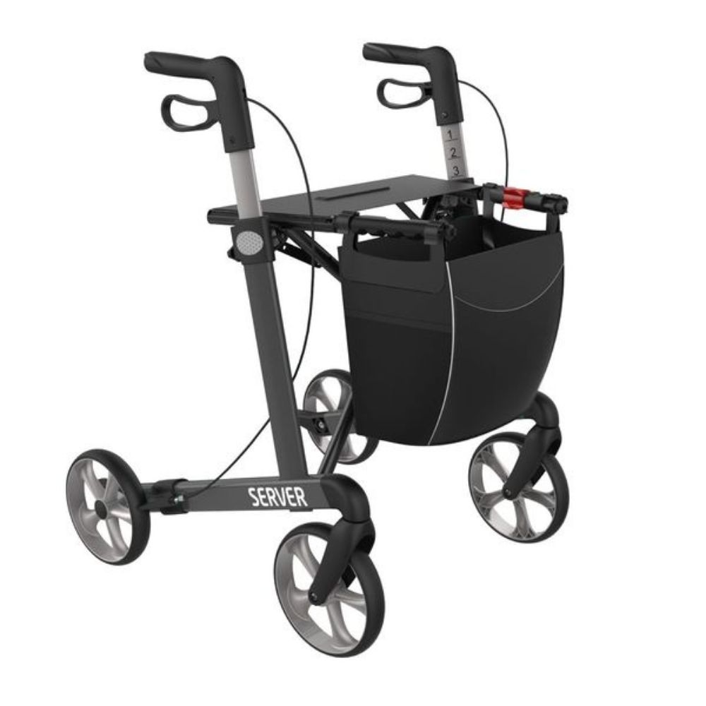 Rollator Anthrazit mit schwarzem Korb und Tablett. Vier Räder, höhenverstellbare Griffe. Aufschrift SERVER.