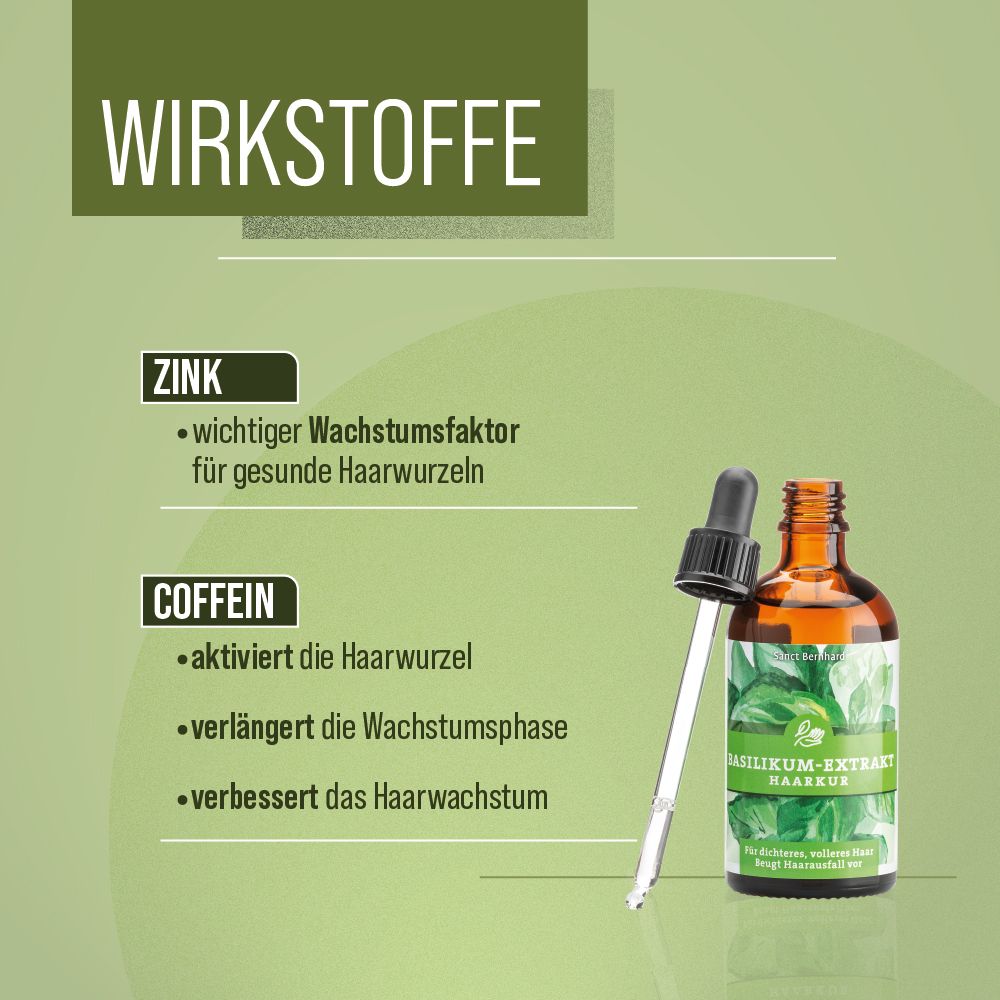 Werbung für Basilikum-Extrakt-Haarkur. Flasche mit Pipette, Text: Zink, Coffein. Aktiviert Haarwurzel, verbessert Haarwuchs.