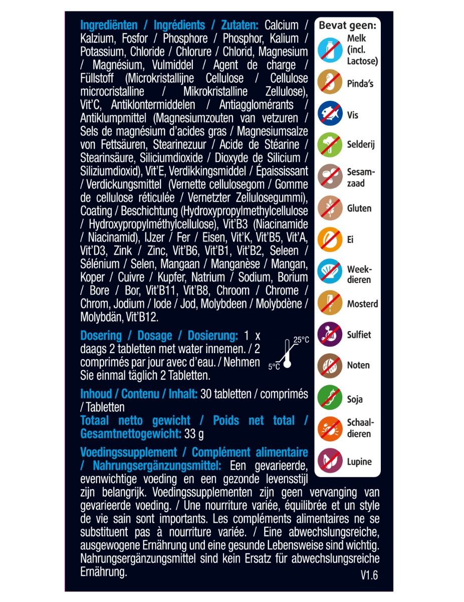 Verpackungsrückseite mit Zutaten, Dosierung, Inhaltsstoffen und Allergeninformationen für ein Nahrungsergänzungsmittel.