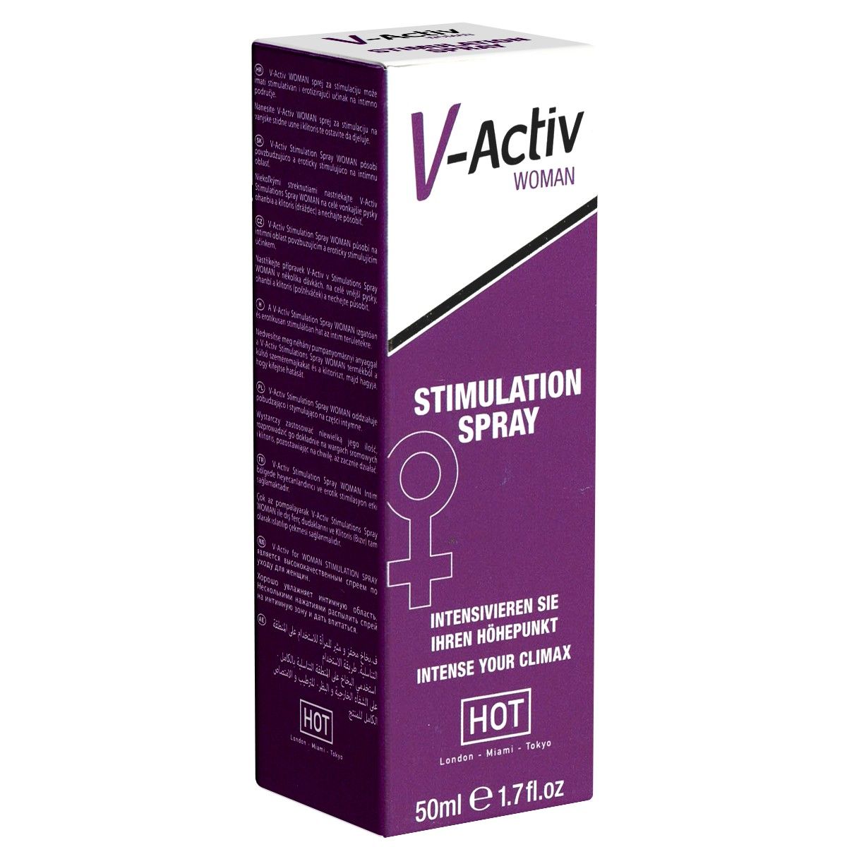 Karton mit Produktaufdruck. V-Activ Woman Stimulation Spray, Logo, Text, und weibliches Symbol. 50ml, 1.7 fl.oz. HOT-Logo.