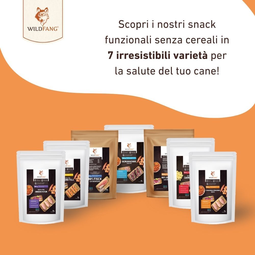 Sieben Beutel mit Hundesnacks. Text: Entdecken Sie unsere funktionalen, getreidefreien Snacks in 7 unwiderstehlichen Sorten für die Gesundheit Ihres Hundes!