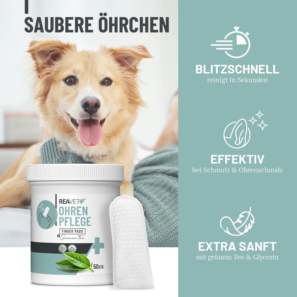 Produktverpackung und Finger-Pad neben einem Hund. Text: Saubere Öhrchen, Blitzschnell, Effektiv, Extra sanft. Produkt: ReaVET Ohrenpflege Finger Pads.