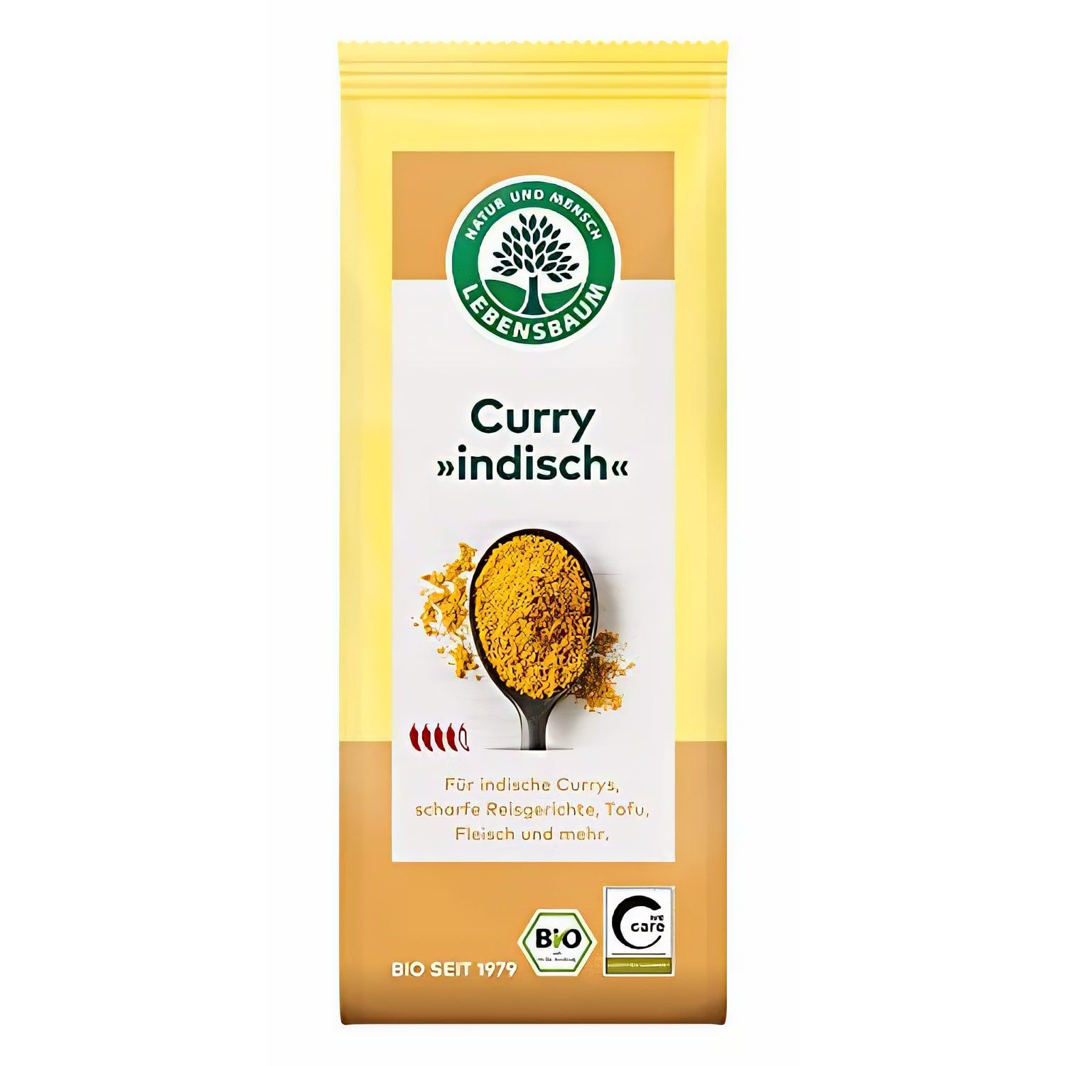 Bio Curry indisch Gewürzmischung Beutel mit Löffel und Bio-Siegel.