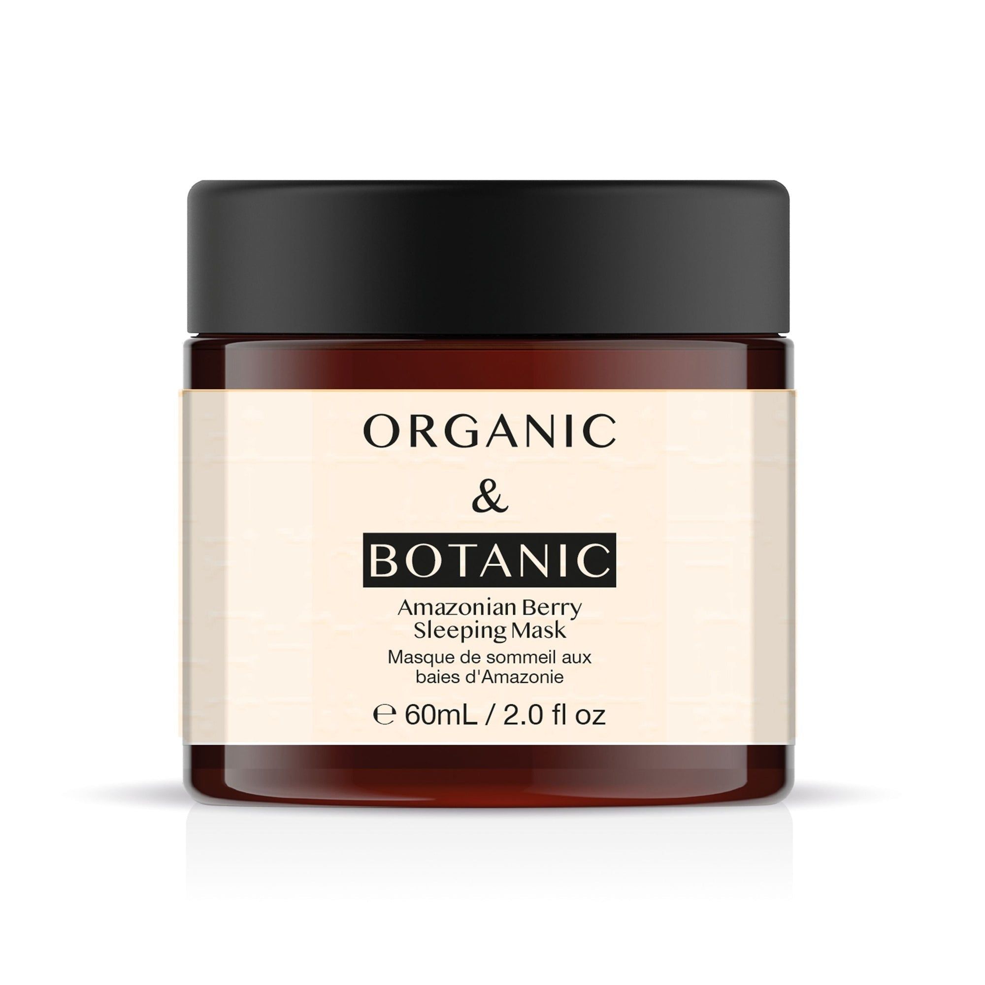 Braune Glasdose mit schwarzem Deckel. Aufschrift: Organic & Botanic Amazonian Berry Sleeping Mask. Fassungsvermögen: 60ml/2.0 fl oz.