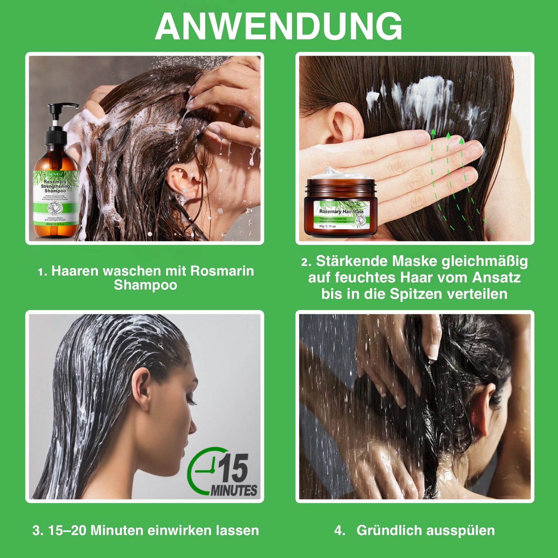 Anwendungsschritte: 1. Haare waschen mit Rosmarin Shampoo. 2. Maske auf feuchtes Haar auftragen. 3. 15-20 Minuten einwirken lassen. 4. Gründlich ausspülen.