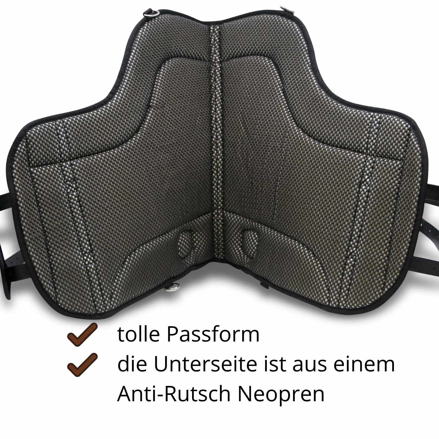 AMKA Wildleder Reitpad. Unterseite aus Anti-Rutsch Neopren. Text: tolle Passform. Anti-Rutsch Neopren.