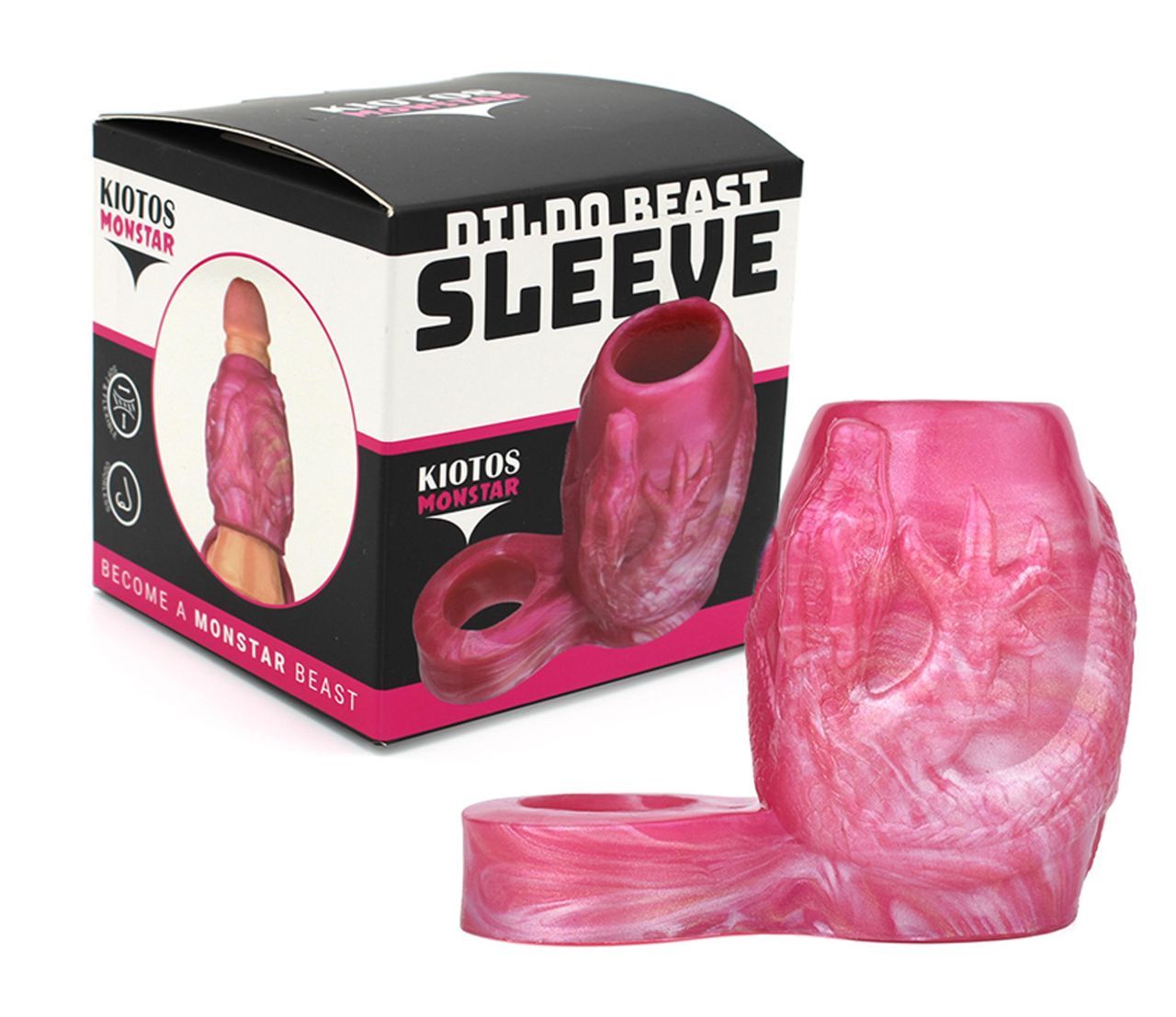 Penishülle und Verpackung. Rosa, durchscheinendes Material. Aufschrift: KIOTOS MONSTAR SLEEVE. Abgebildet ist ein Penis.