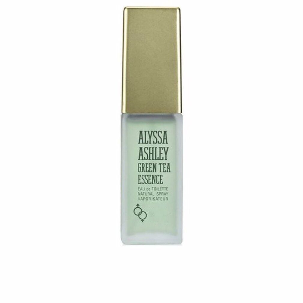 Alyssa Ashley Green Tea Essence Eau de Toilette Spray. Grünliche Flasche mit goldener Kappe. Produktbeschriftung.