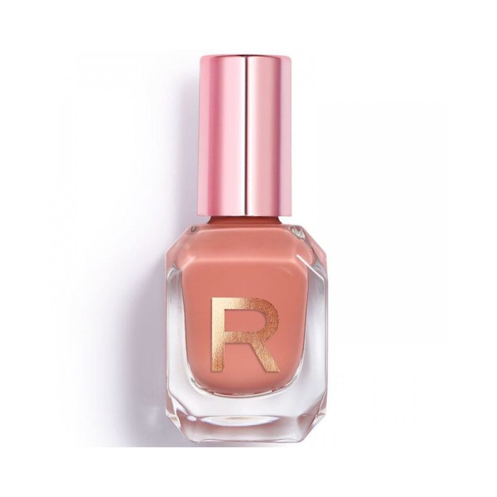 Ein Fläschchen Nagellack mit einem roségoldenen Deckel und einem Applikator. Der Flakon zeigt ein goldenes 'R'-Logo.