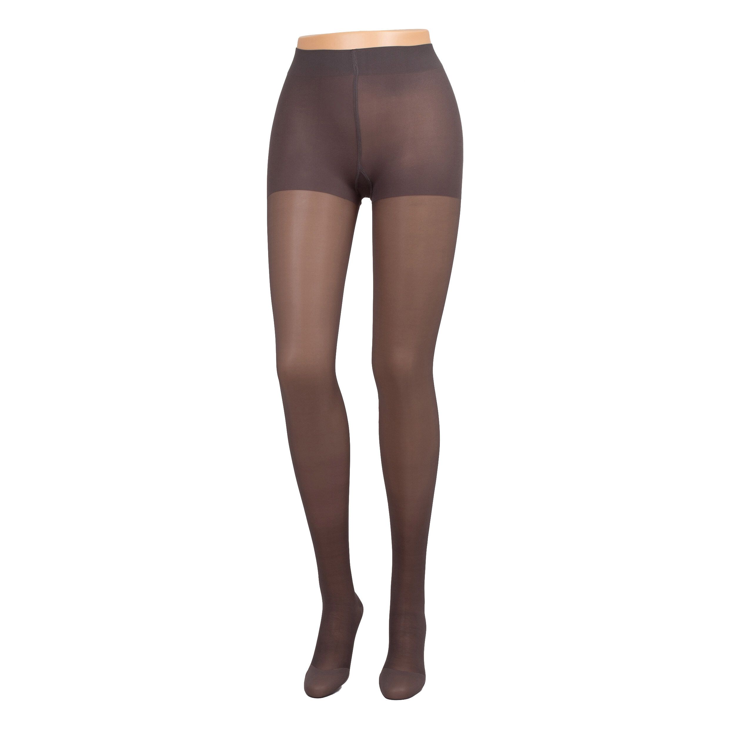 Braune Kompressionsstrumpfhose an einer Schaufensterpuppe. Blickdichtes Material.