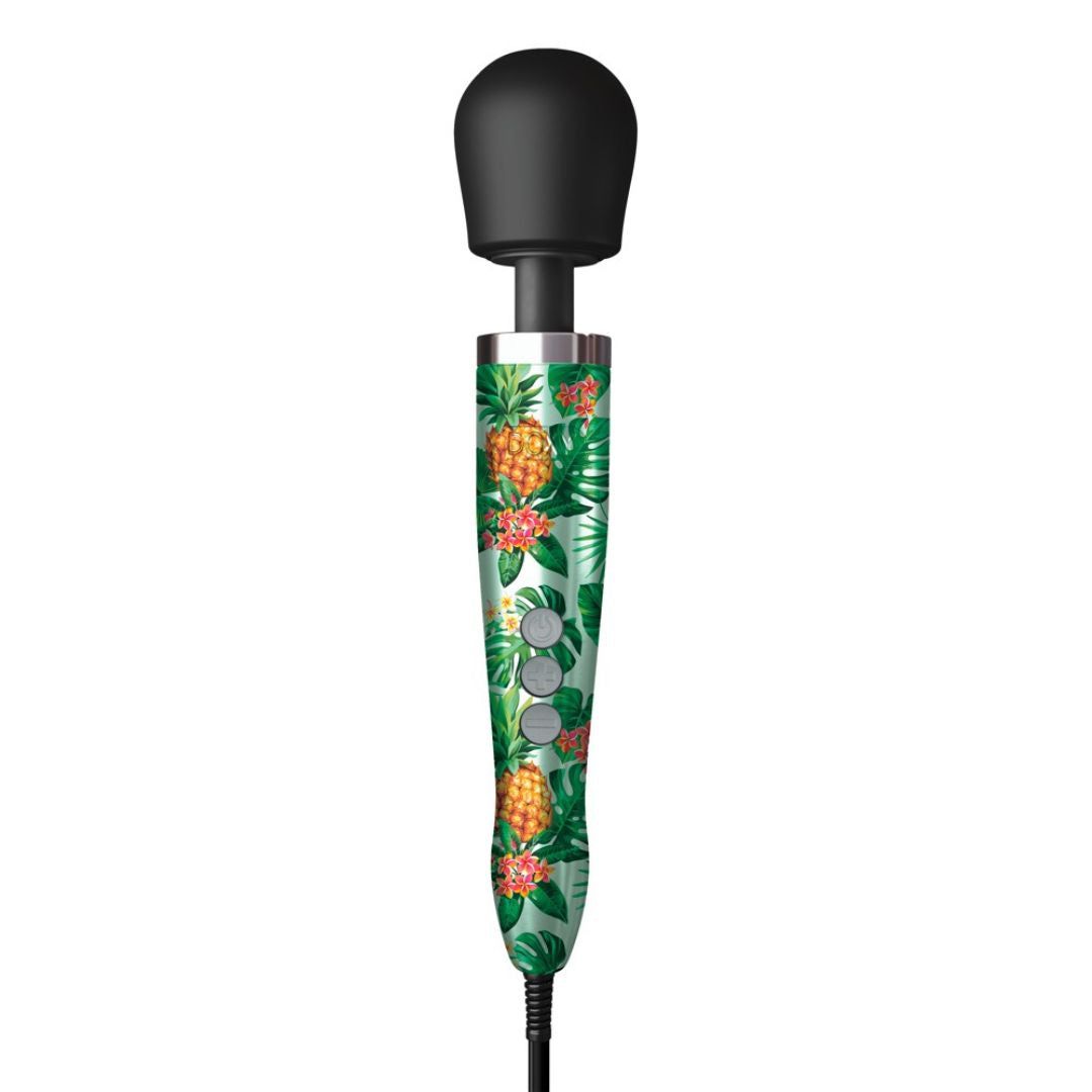 Vibrator mit Ananas-Muster. Schwarzer Kopf, grüner Schaft mit Knöpfen. Kabelanschluss.