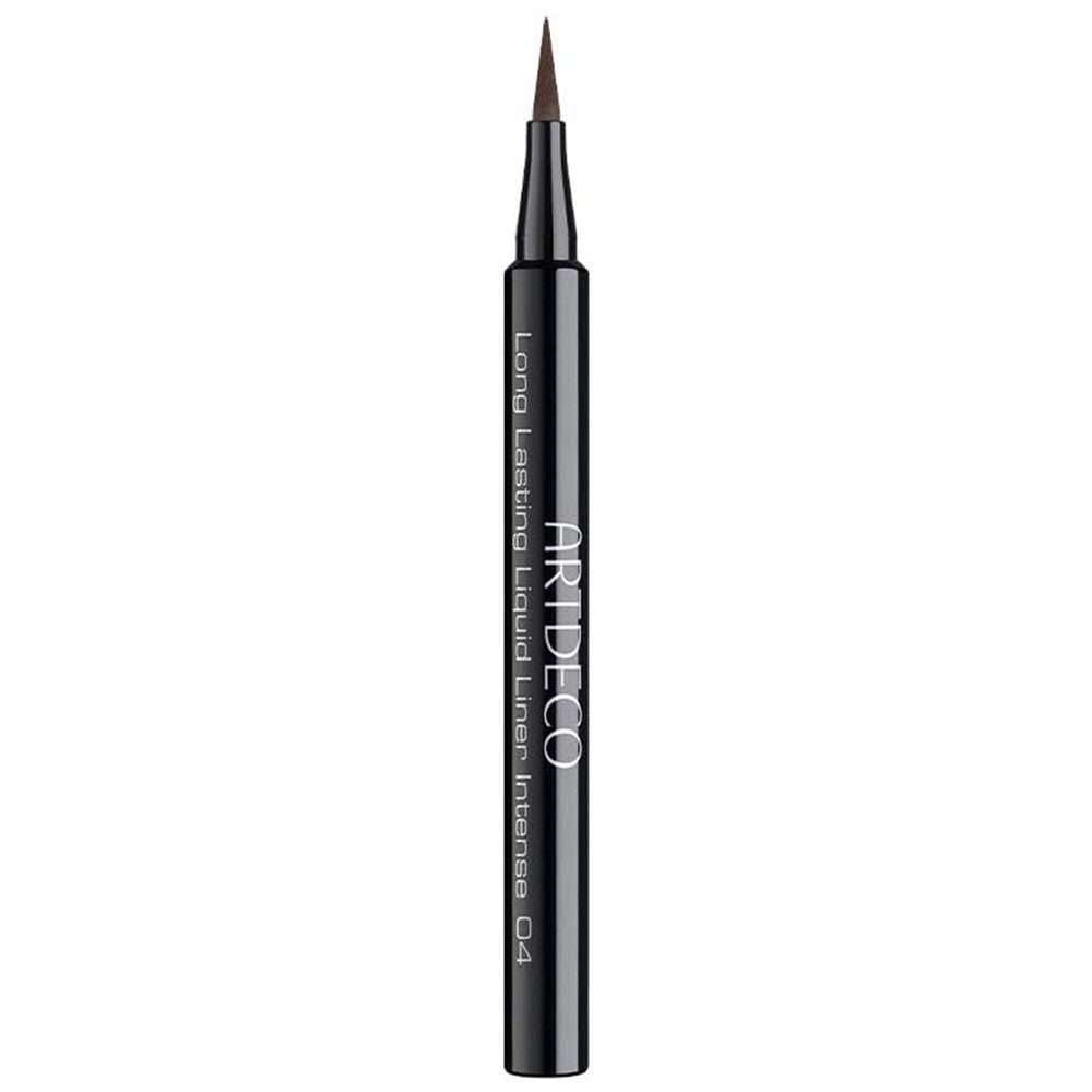 Schwarzer Eyeliner mit brauner Spitze. Aufschrift: Long Lasting Liquid Liner Intense 04.