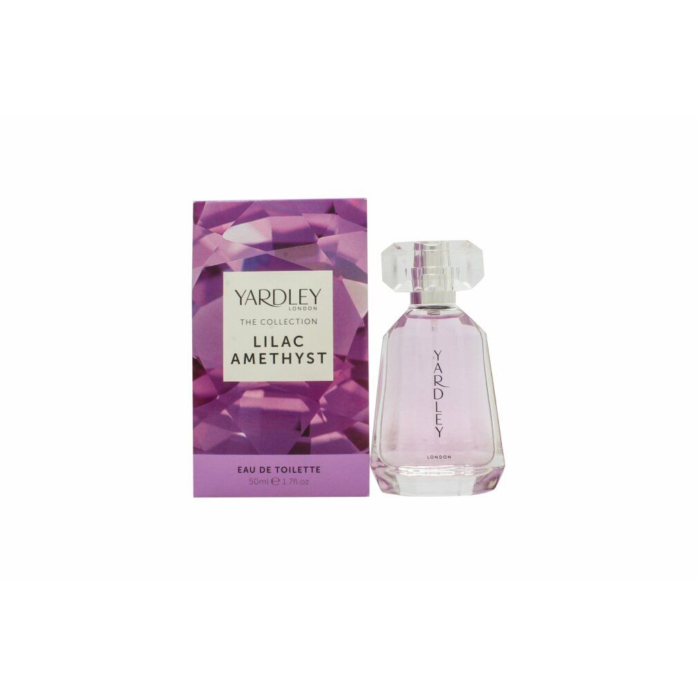 Flakon und Verpackung von Yardley Lilac Amethyst Eau de Toilette. Flakon mit durchsichtigem Verschluss, lila Flüssigkeit. Verpackung mit lila Muster.