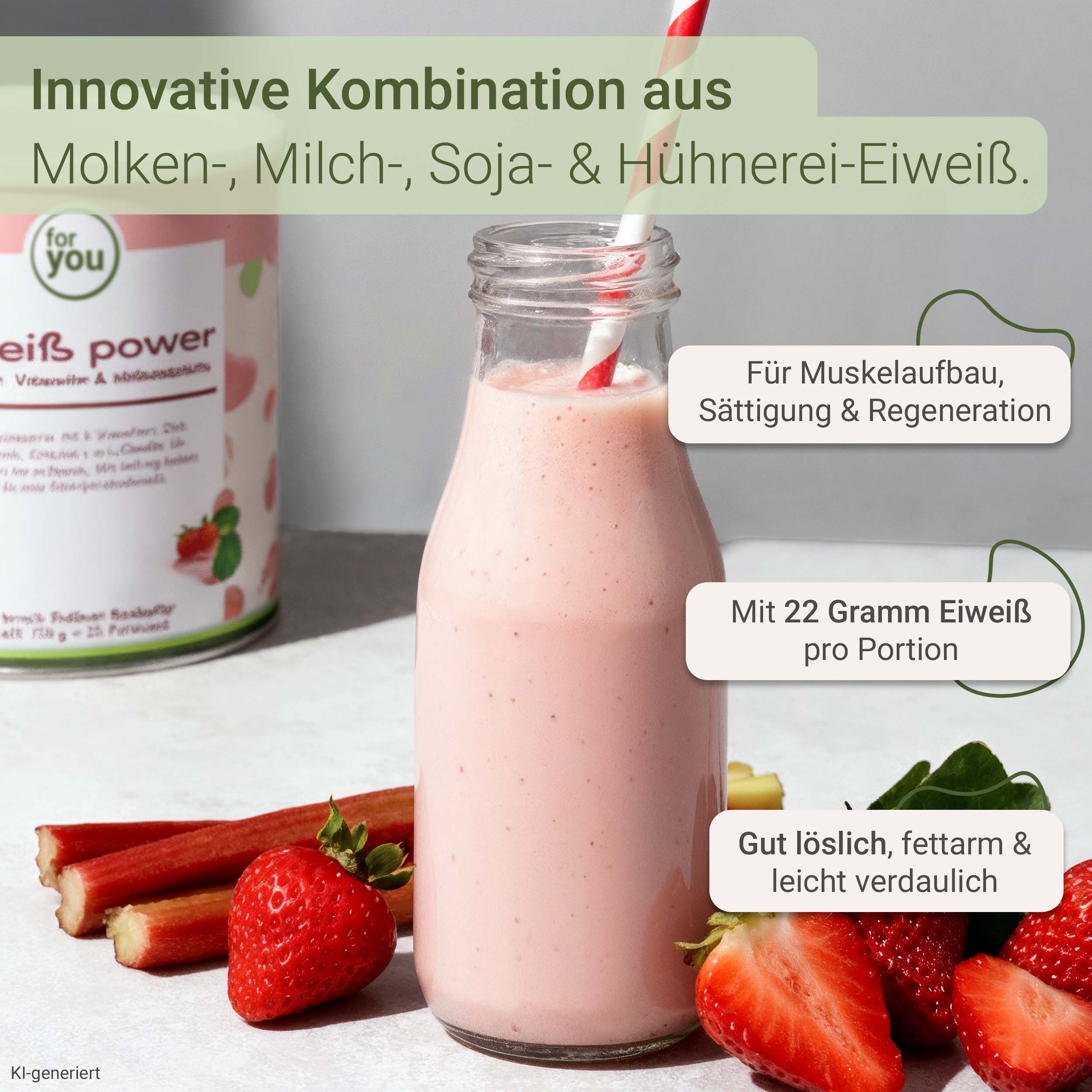Eiweißshake mit Erdbeeren und Rhabarber in einer Glasflasche, daneben frische Früchte und ein Behälter.