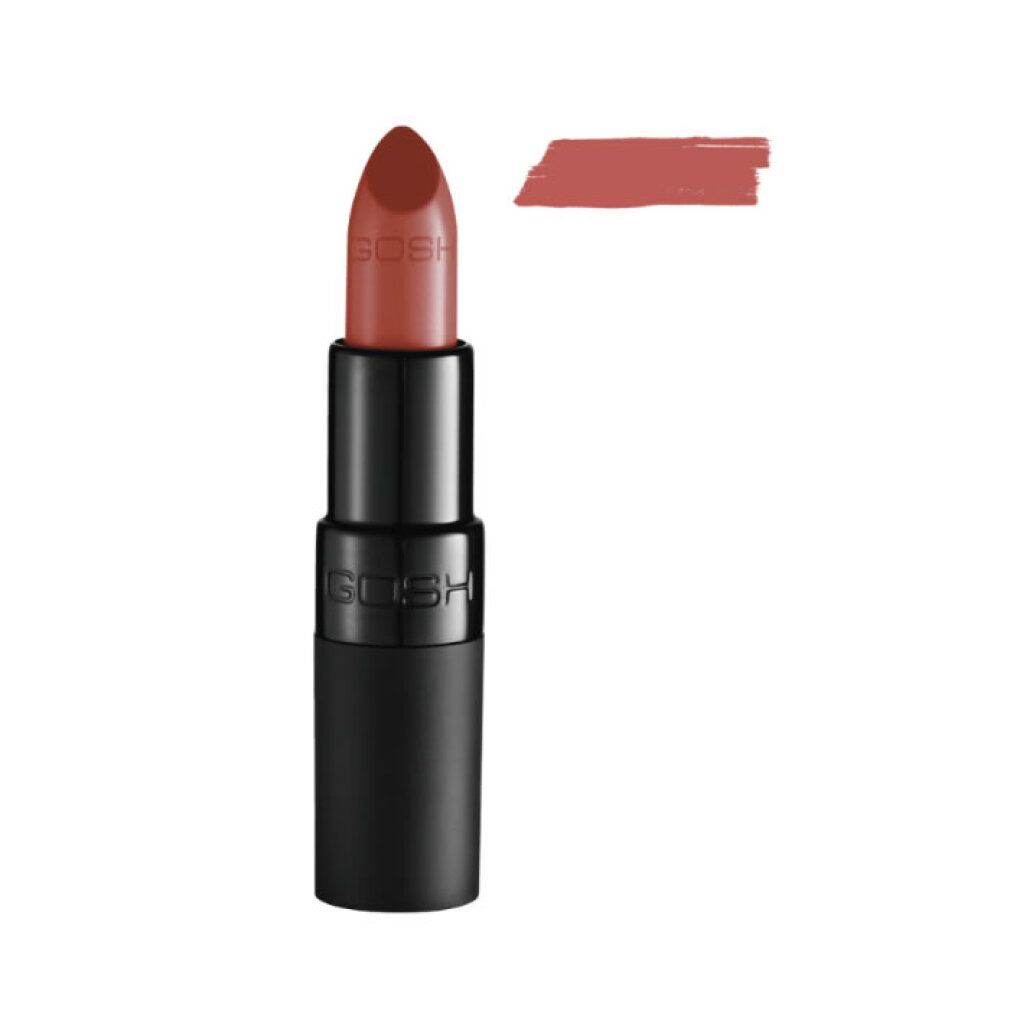 Gosh Velvet Touch Lipstick 122 Nougat, aufgedrehter Lippenstift in einem schwarzen Gehäuse mit einem Farbstrich.