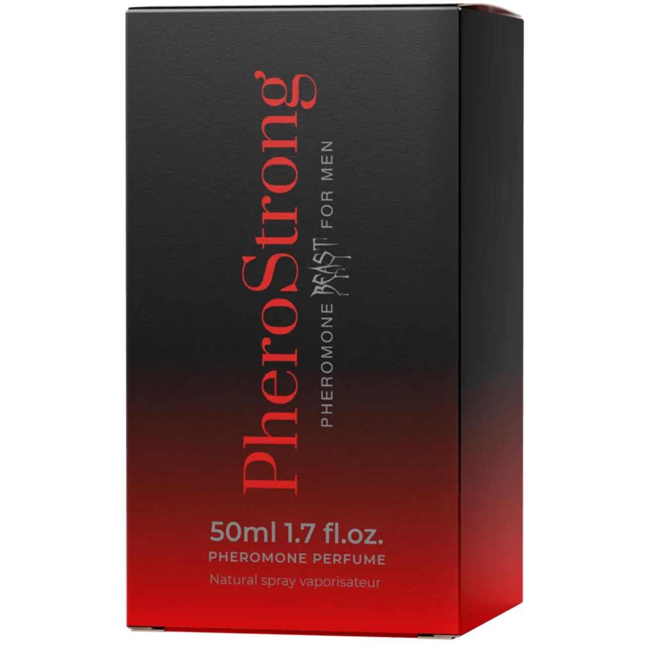 Schwarze Verpackung mit roter Schrift. Aufschrift: PheroStrong, Beast, 50ml, 1.7 fl.oz.