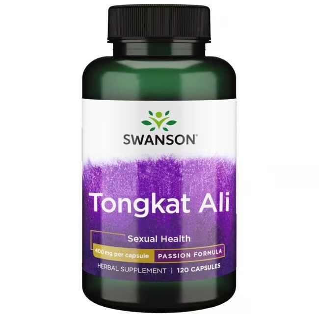 Grüne Flasche mit weißem Etikett. Aufschrift: SWANSON Tongkat Ali, 400 mg pro Kapsel, 120 Kapseln.