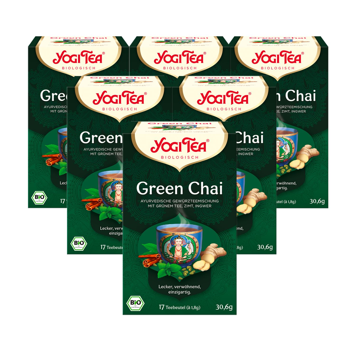 Mehrere grüne Yogi Tea-Verpackungen. Aufdruck: Green Chai, biologisch, 17 Teebeutel, 30,6g. Mit Logo und Bio-Siegel.