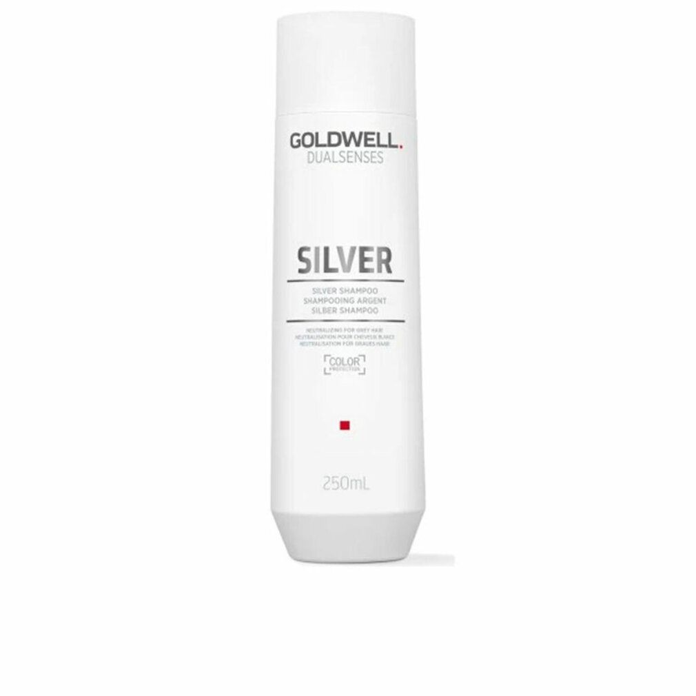 Goldwell Dualsenses Silver Shampoo. Weiße Flasche mit silberner Schrift. Enthält 250ml.