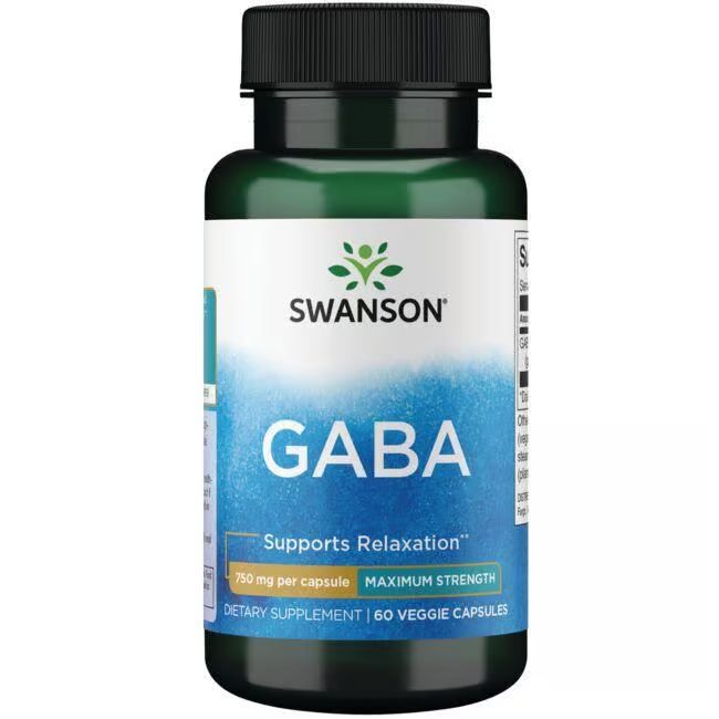 Grüne Flasche mit schwarzem Deckel. Etikett mit "SWANSON GABA", "750 mg per capsule" und "60 Veggie Capsules".
