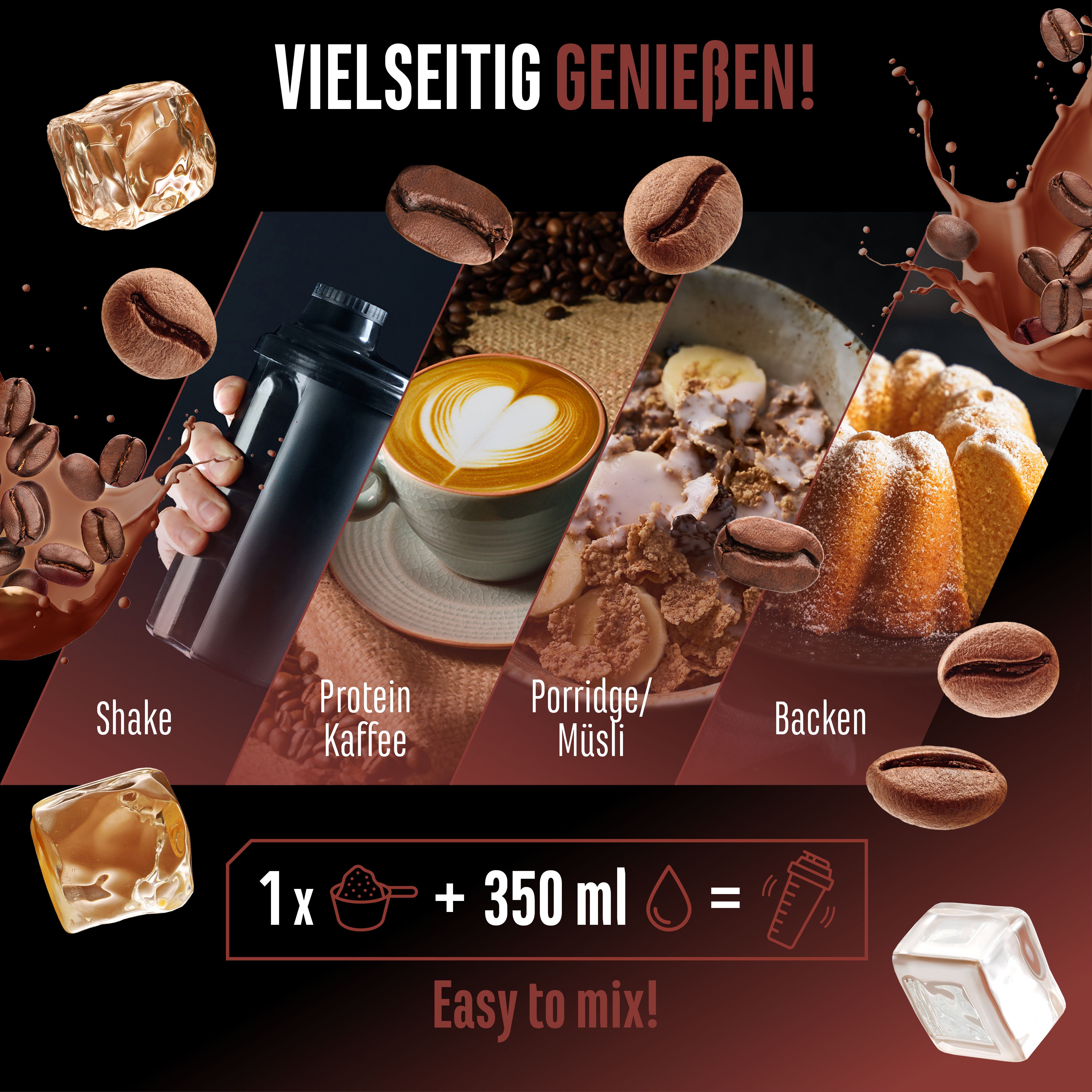 Illustrationen von Wheypresso Protein Coffee in verschiedenen Zubereitungsarten: Shake, Kaffee, Porridge/Müsli und Backen.