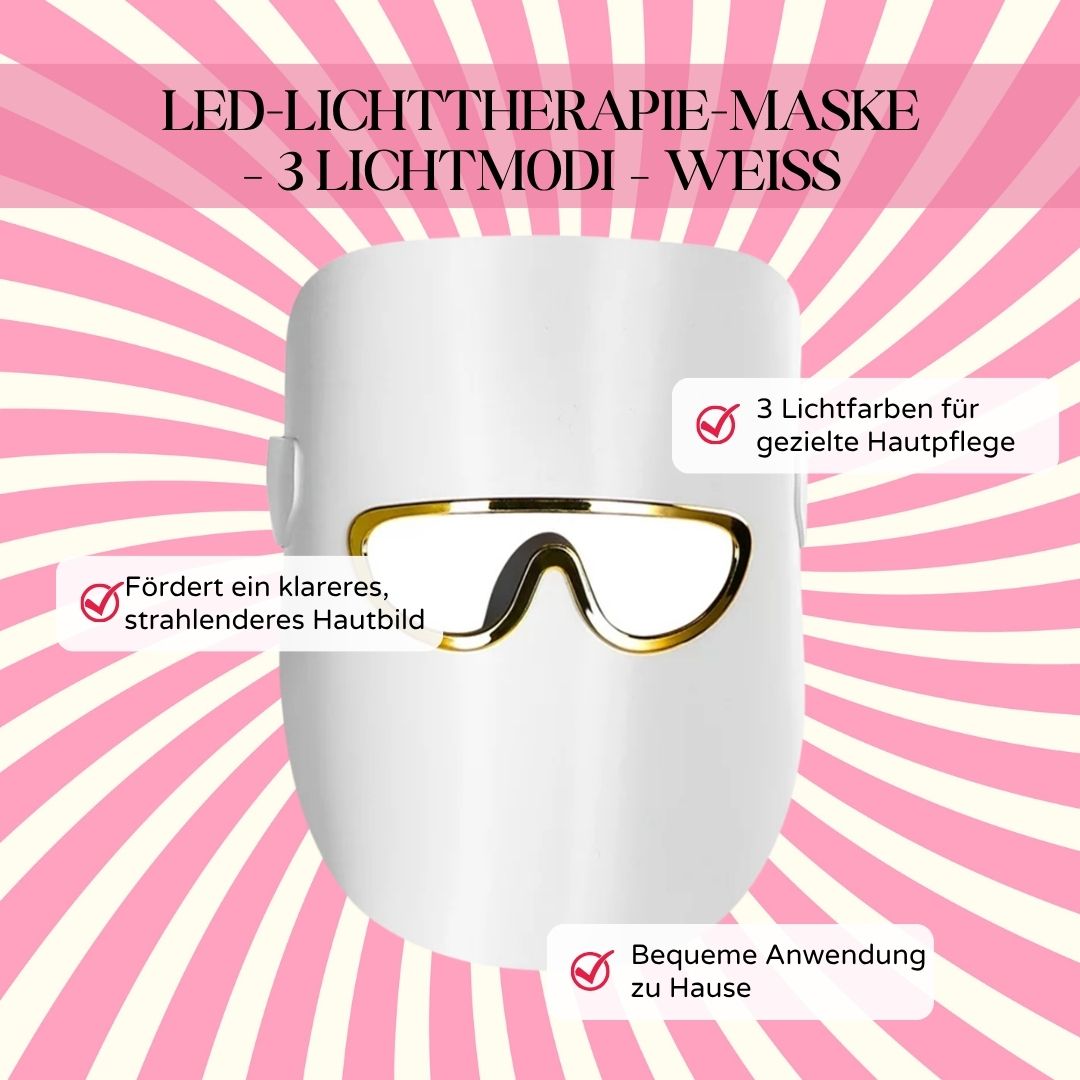 Weiße LED-Lichttherapiemaske mit goldfarbenem Rahmen. Text: 3 Lichtmodi, fördert klareres Hautbild, bequeme Anwendung.