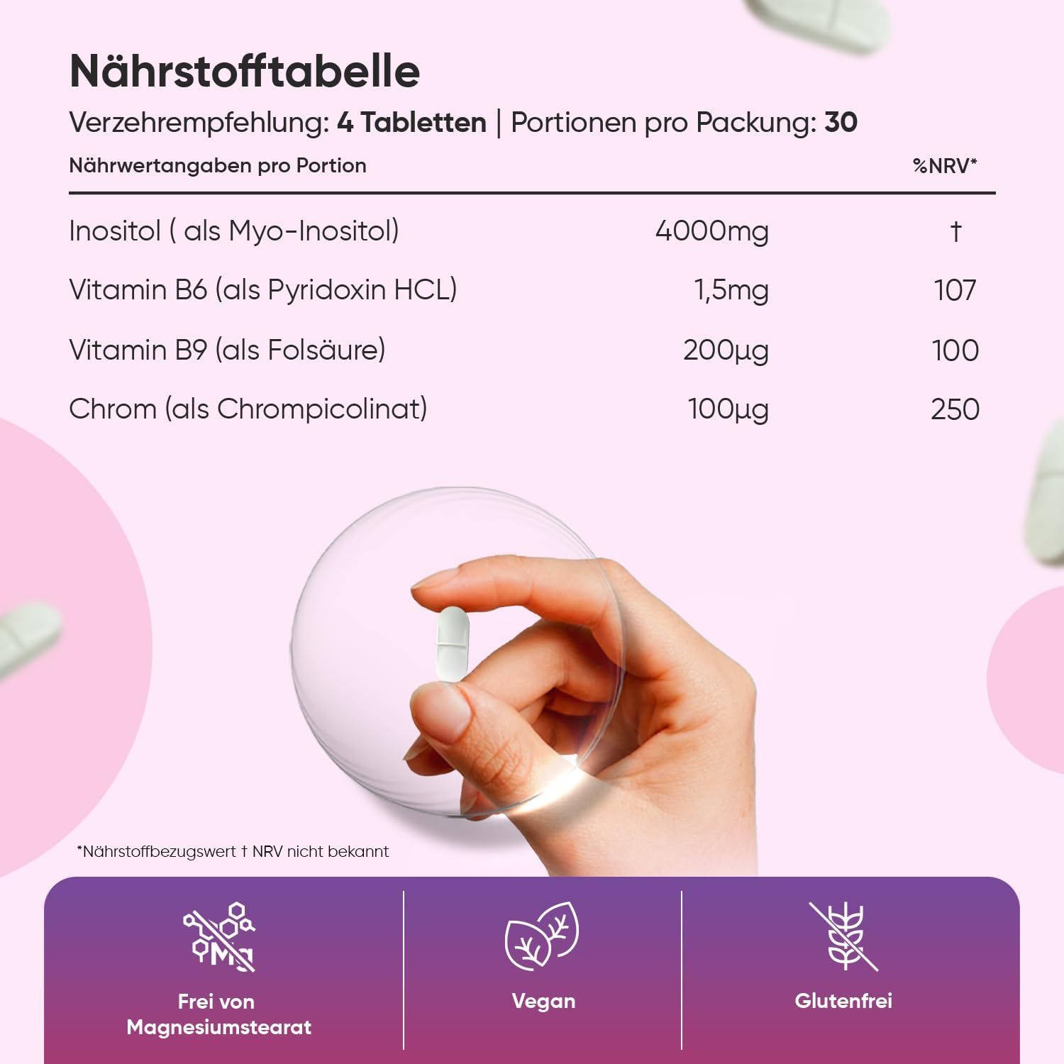 Nährwerttabelle mit Inhaltsstoffen: Inositol, Vitamin B6, B9 und Chrom. Frei von Magnesiumstearat, vegan, glutenfrei.