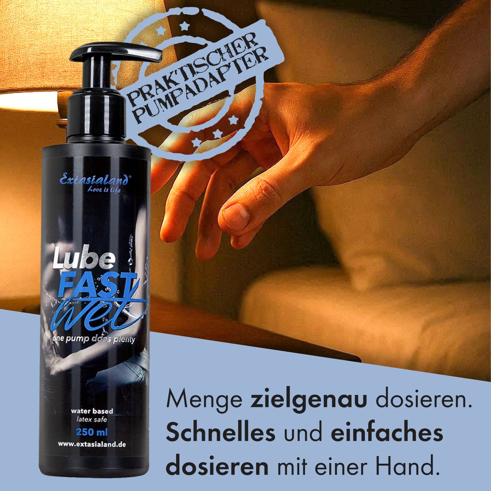 Schwarze Flasche mit Pumpe. Aufschrift: Lube Fast Wet. 250 ml. Wasserbasiert. Text: Menge zielgenau dosieren. Schnelles und einfaches Dosieren.