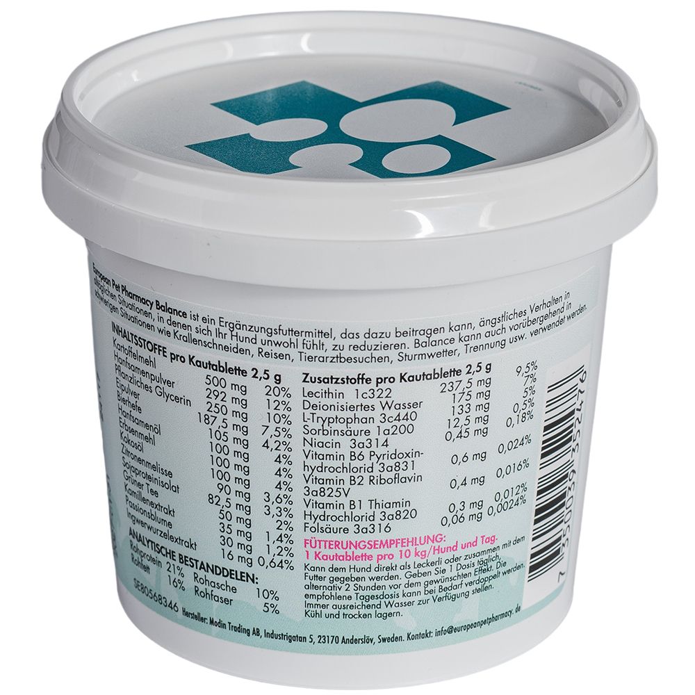 Rückseite eines Eimers mit "Balance"-Tabletten. Text mit Inhaltsstoffen und Dosierung.