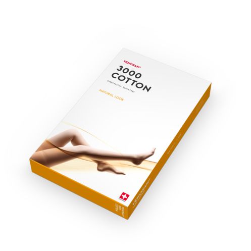Verpackung von Kompressionsstrümpfen. Aufdruck: Venosan 3000 Cotton. Abbildung von Beinen. Schweizer Kreuz.
