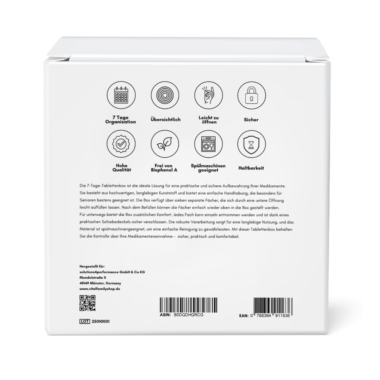 Weiße Verpackung der Tablettenbox. Text: 7 Tage Organisation, leicht zu öffnen, sicher, hohe Qualität, BPA-frei, spülmaschinenfest, haltbar.