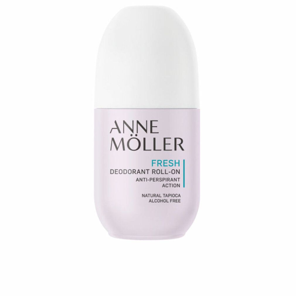 Deo-Roller, weißer Deckel, rosa Körper. Schriftzug: ANNE MÖLLER, FRESH, Deodorant Roll-On, Anti-Perspirant Action, Natural Tapioca, Alcohol Free.