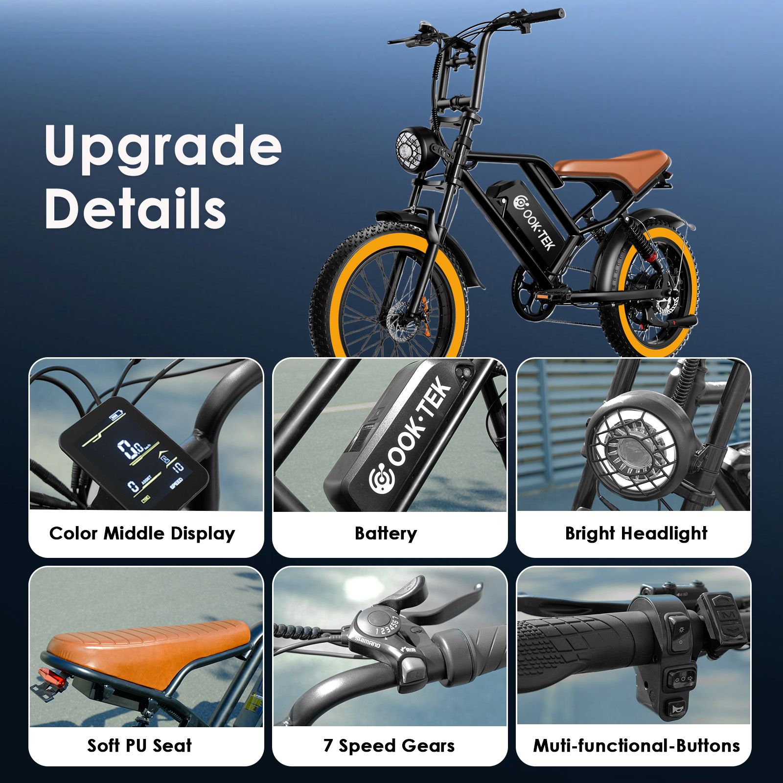 E-Bike-Details: Farbdisplay, Batterie, heller Scheinwerfer, weicher PU-Sitz, 7-Gang-Schaltung, Multifunktionstasten.