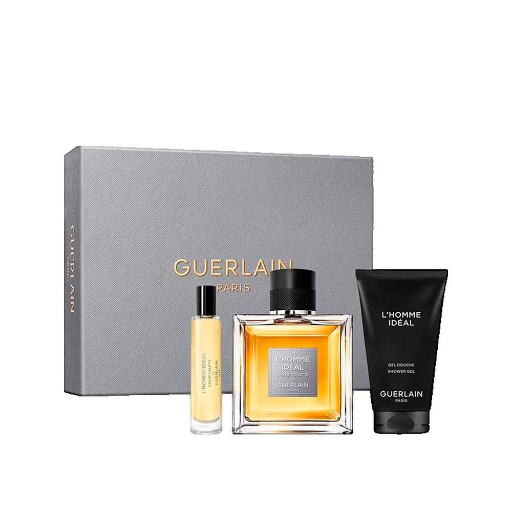 Geschenkset mit Parfüm, Eau de Toilette und Duschgel. Graue Box mit Guerlain Paris. Alle Produkte mit L'Homme Idéal.