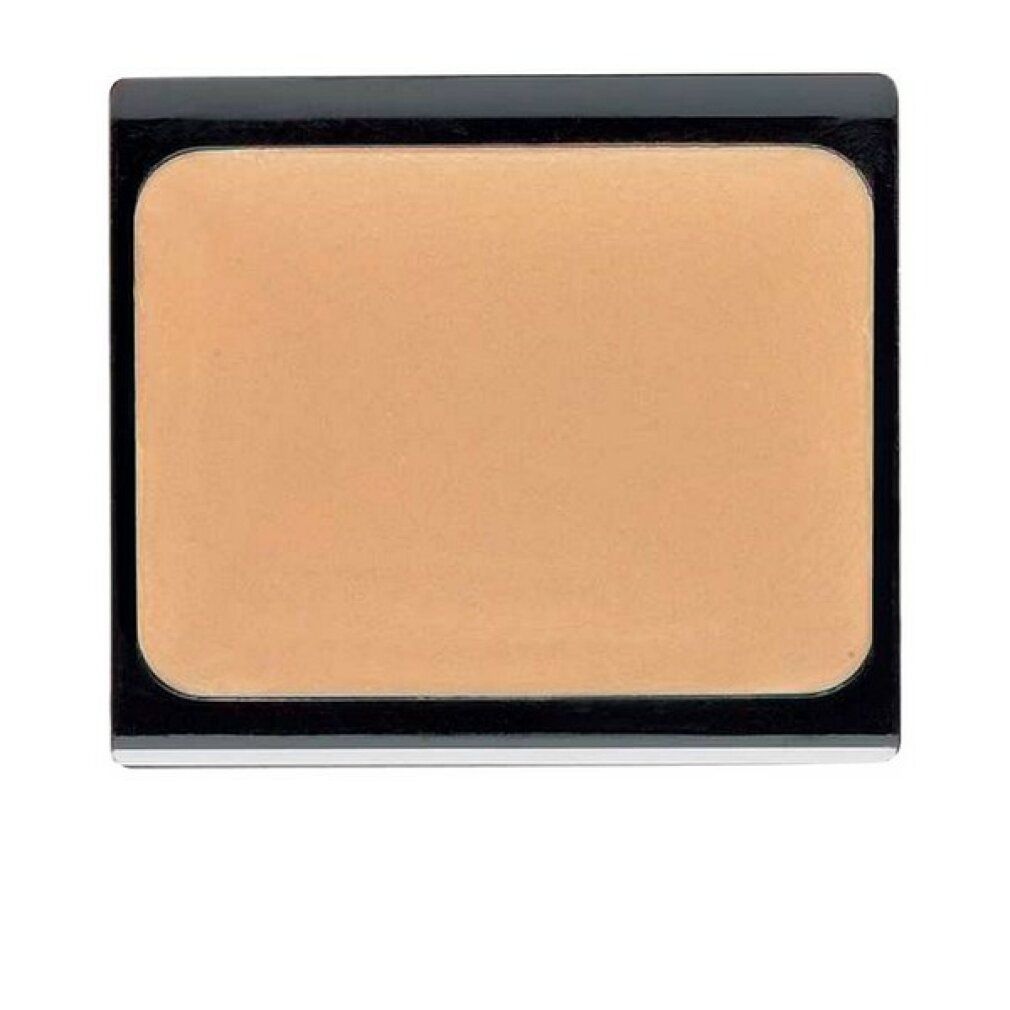 Kompakte, beige-apricotfarbene Camouflage-Creme in einer rechteckigen, schwarzen Kompaktverpackung.