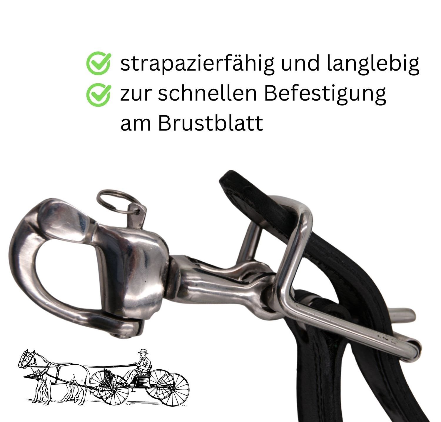 Metall-Gebiss mit schwarzem Lederriemen. Schnelle Befestigung am Brustblatt.