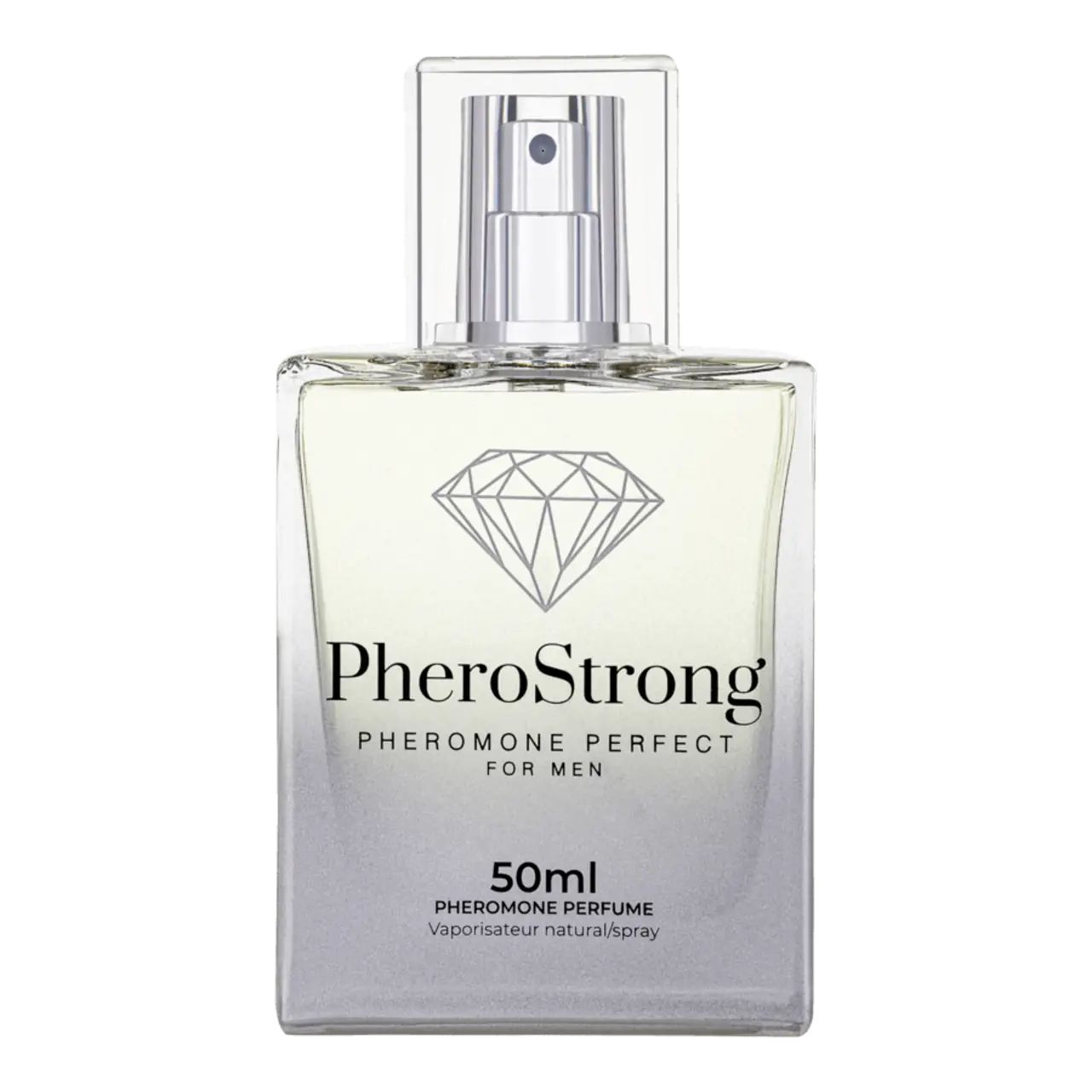 Parfümflakon mit Sprühkopf. Aufschrift PheroStrong, Diamant-Logo, „Pheromone Perfect für Männer“. 50ml, natürlicher Spray.